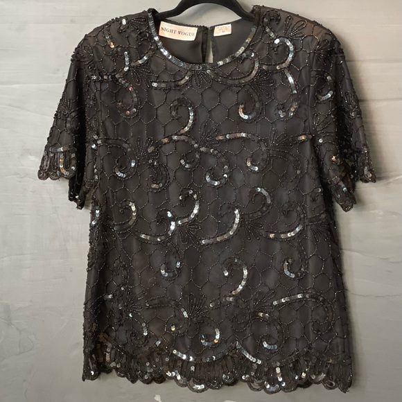 VTG Women's NIGHT VOGUE Shimmering Blk Sequin Beaded Short Sleeve Lined Top Sz M - Picture 4 of 11